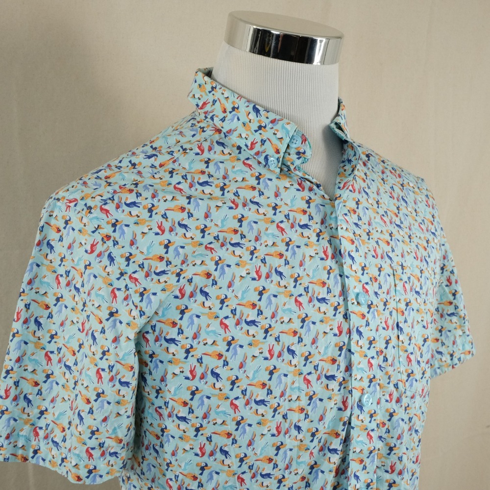 Johnston & Murphy Small Lounge Shirt Light Blue Toucan Bird Print Cotton Mens